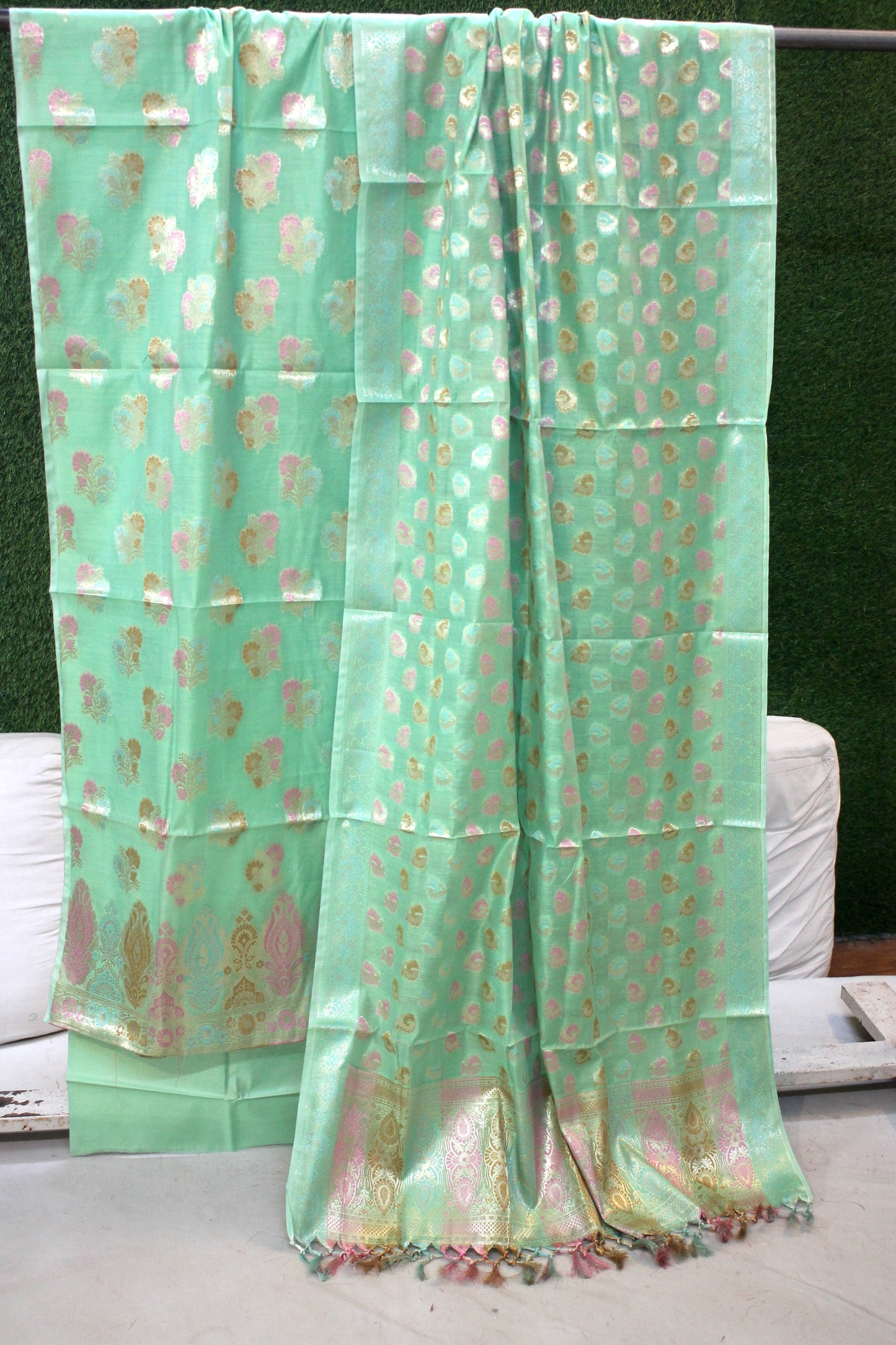 Mint Green Tilfi Weave 3-Piece Pure Cotton Handloom Banarasi Suit Set by Shades Of Benares - banarasi - banarasi saree shop