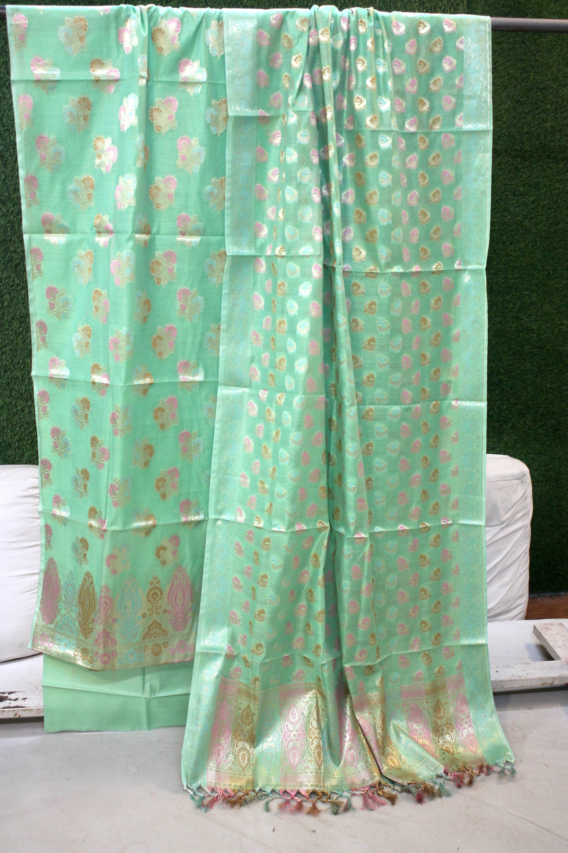 Mint Green Tilfi Weave 3-Piece Pure Cotton Handloom Banarasi Suit Set by Shades Of Benares - banarasi - banarasi saree shop