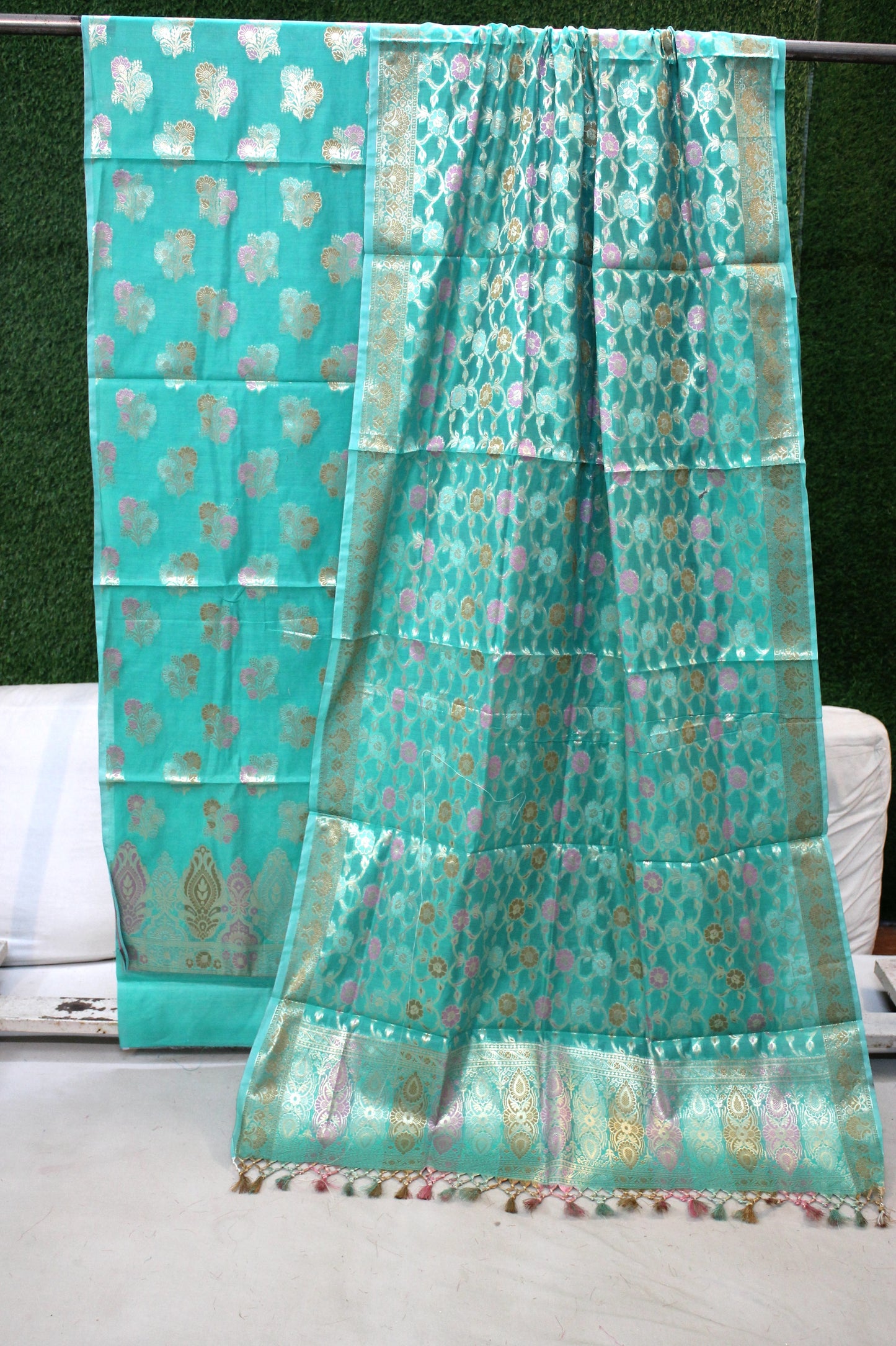 Sea Blue Tilfi Weave 3-Piece Pure Cotton Handloom Banarasi Suit Set by Shades Of Benares - banarasi - banarasi saree shop