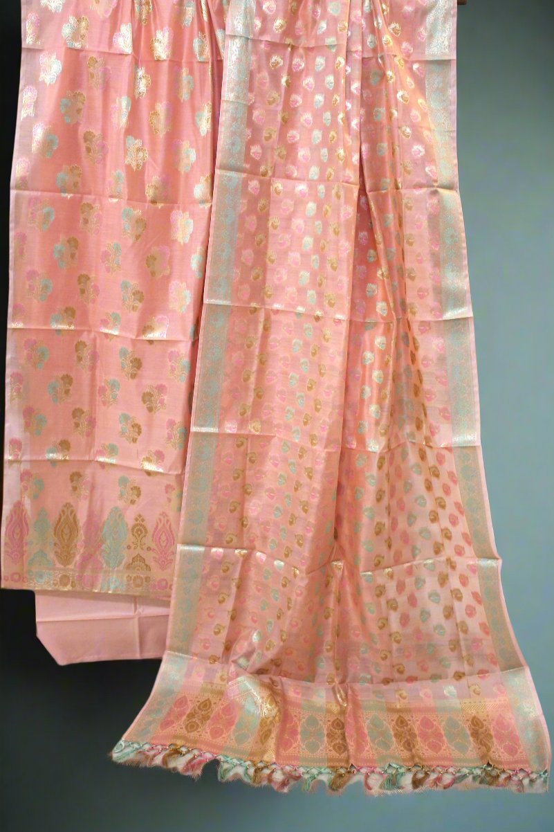 Peach Perfection: Peach Tilfi Weave 3-Piece Pure Cotton Handloom Banarasi Suit Set by Shades Of Benares - banarasi - banarasi saree shop