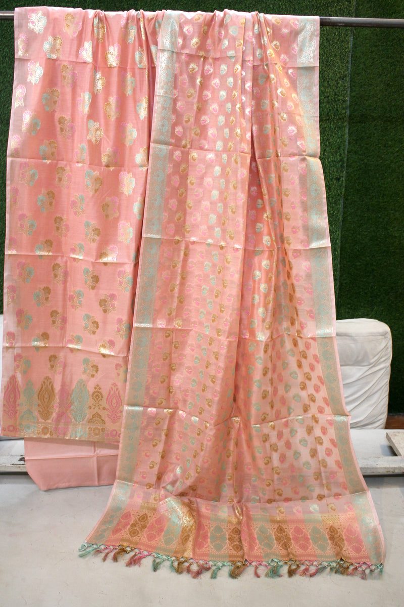 Peach Perfection: Peach Tilfi Weave 3-Piece Pure Cotton Handloom Banarasi Suit Set by Shades Of Benares - banarasi - banarasi saree shop