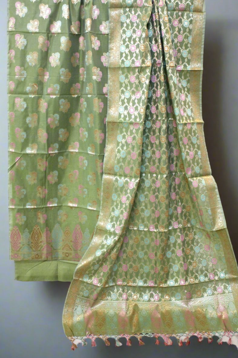 Mystical Moss: Mint Green Tilfi Weave 3-Piece Pure Cotton Handloom Banarasi Suit Set by Shades Of Benares - banarasi - banarasi saree shop