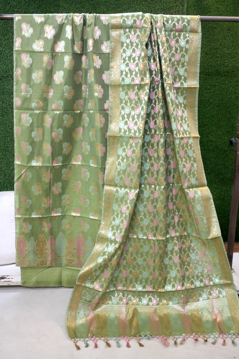 Mystical Moss: Mint Green Tilfi Weave 3-Piece Pure Cotton Handloom Banarasi Suit Set by Shades Of Benares - banarasi - banarasi saree shop