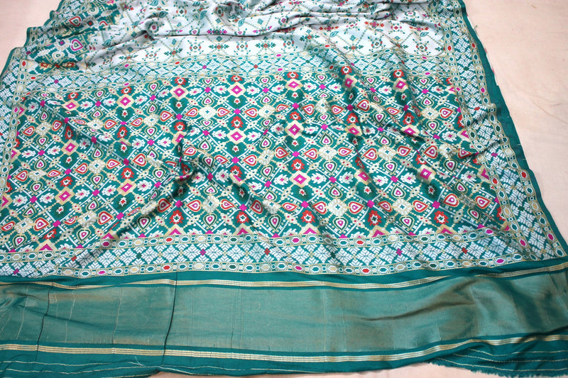 Off-White and Sea Green Handloom Katan Soft Silk Banarasi Saree by Shades Of Benares - banarasi - banarasi saree shop