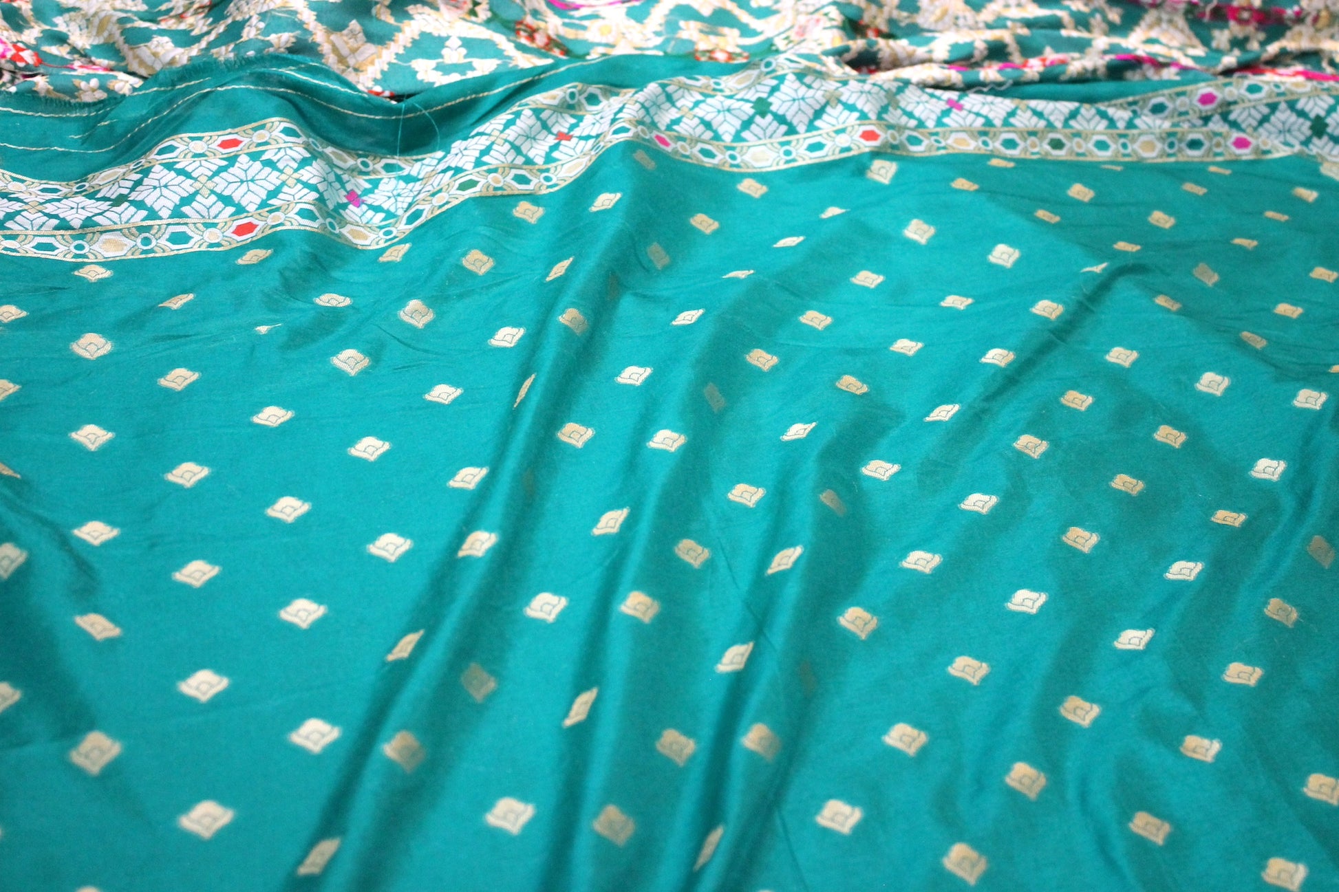 Off-White and Sea Green Handloom Katan Soft Silk Banarasi Saree by Shades Of Benares - banarasi - banarasi saree shop