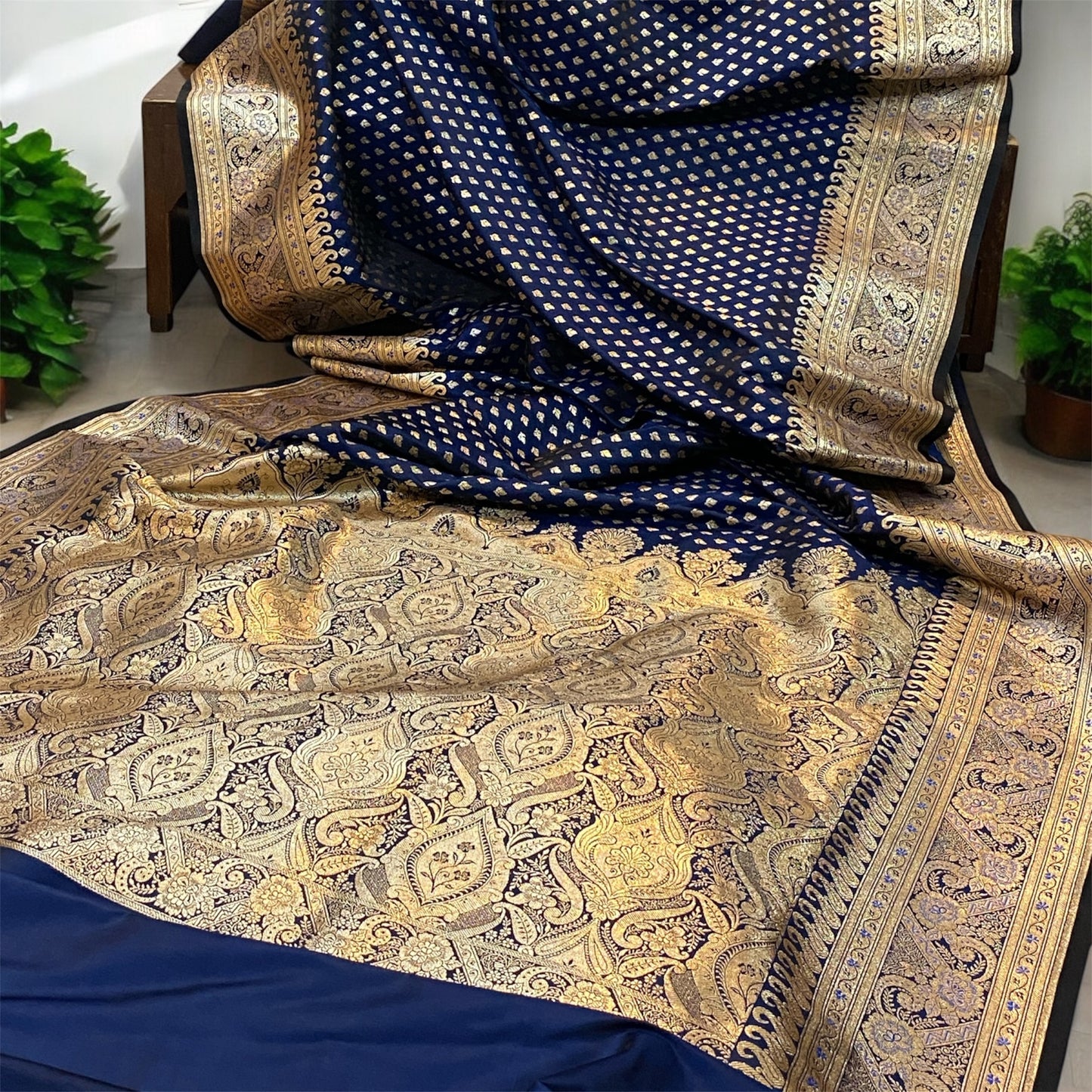 Luxurious Elegance: The Blue Pure Satin Silk Banarasi Saree Blue by Shades Of Benares - banarasi - banarasi saree shop