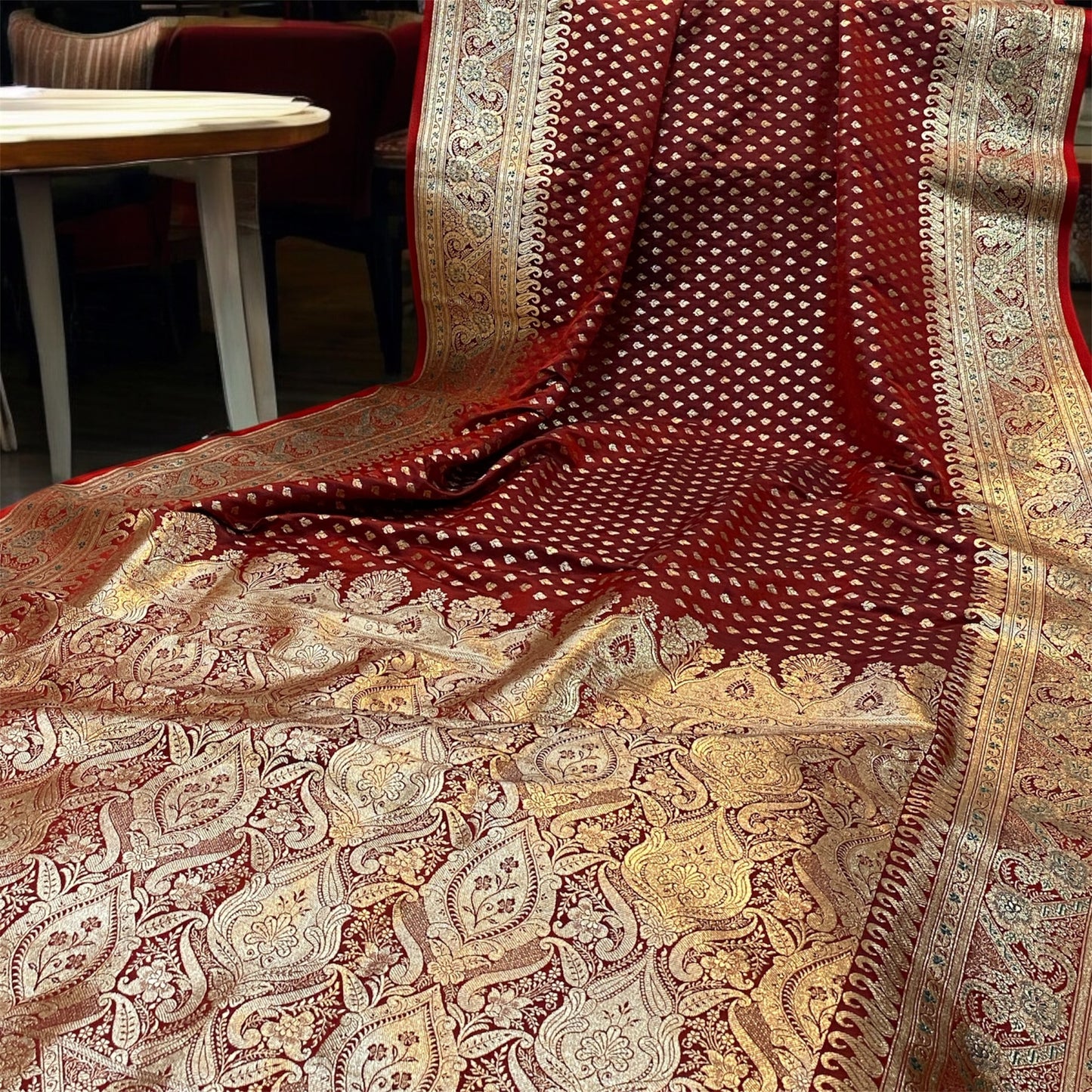 The Maroon Pure Satin Silk Banarasi Saree by Shades Of Benares - banarasi - banarasi saree shop