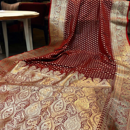 The Maroon Pure Satin Silk Banarasi Saree by Shades Of Benares - banarasi - banarasi saree shop