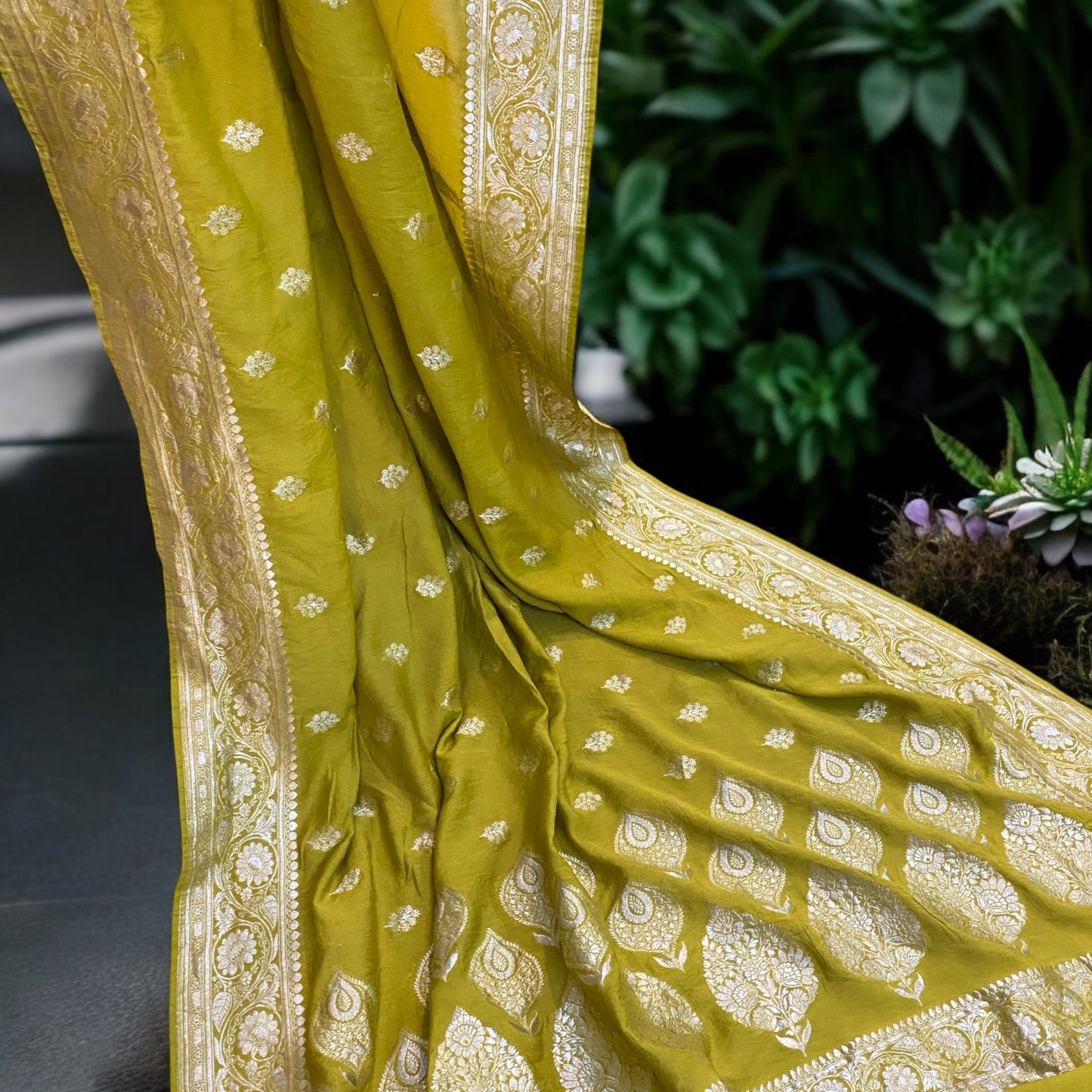 The Greenish Yellow Handloom Pure Moonga Silk Banarasi Saree by Shades Of Benares - banarasi - banarasi saree shop