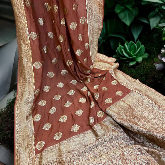 The Light Brown Handloom Pure Moonga Silk Banarasi Saree by Shades Of Benares - banarasi - banarasi saree shop