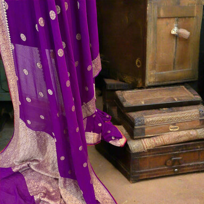 Magenta Pure Khaddi Georgette Handloom Banarasi Saree – Gold Zari by Shades Of Benares - banarasi - banarasi saree shop - banarasi saree manufacturers - banarasi saree wholesale - banaraasi sarees