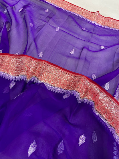 Luxurious Elegance: Purple and Red Pure Khaddi Chiffon Handloom Banarasi Saree by Shades Of Benares - banarasi - banarasi saree shop