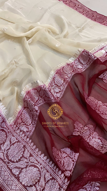 Timeless Beauty: White and Red Pure Khaddi Chiffon Handloom Banarasi Saree by Shades Of Benares - banarasi - banarasi saree shop