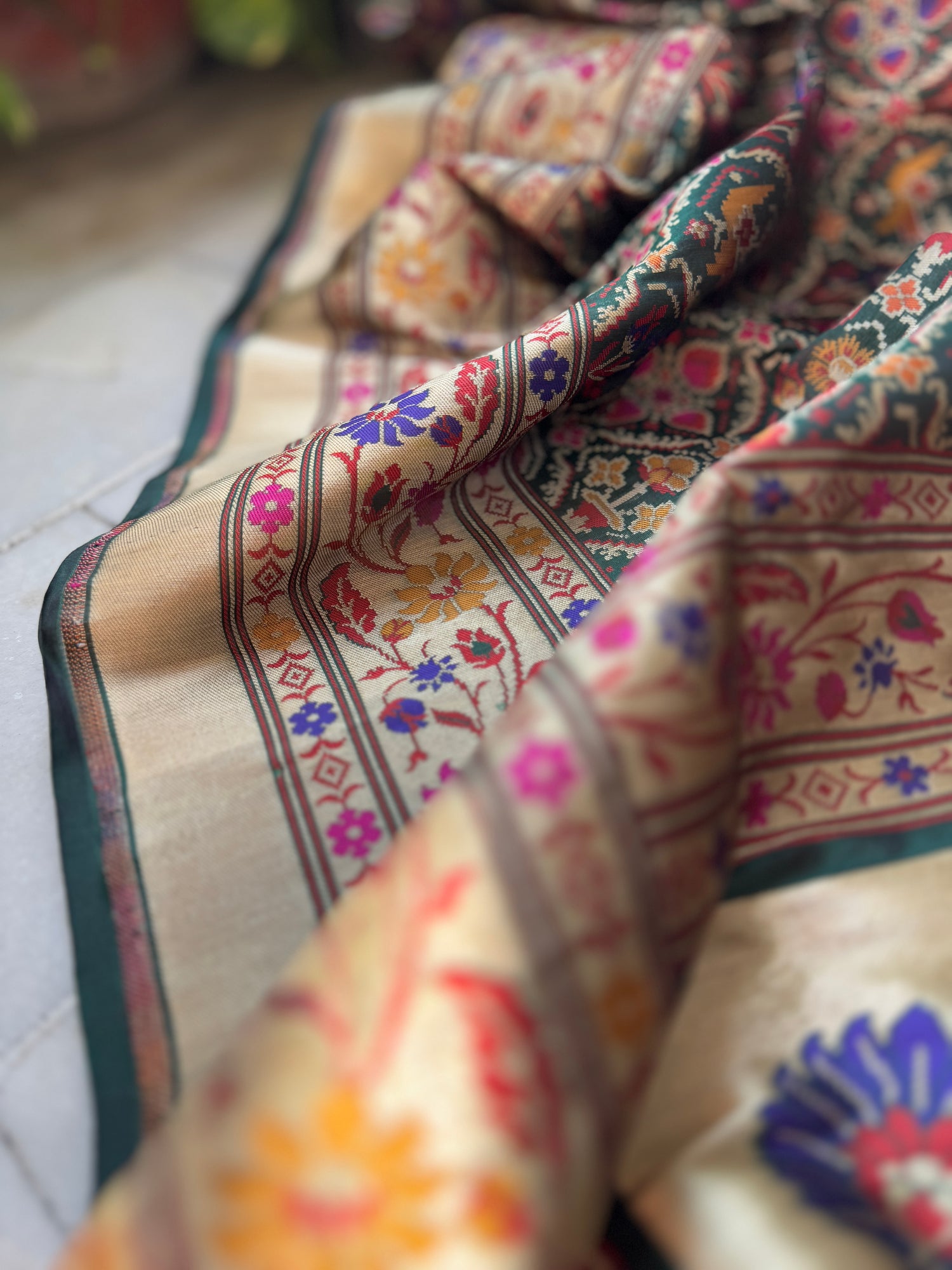 Bottle Green Pure Silk Handloom Patola Banarasi Saree with All Over Multicolor Weave by Shades Of Benares - banarasi - banarasi saree shop - banarasi saree manufacturers - banarasi saree wholesale - banaraasi sarees