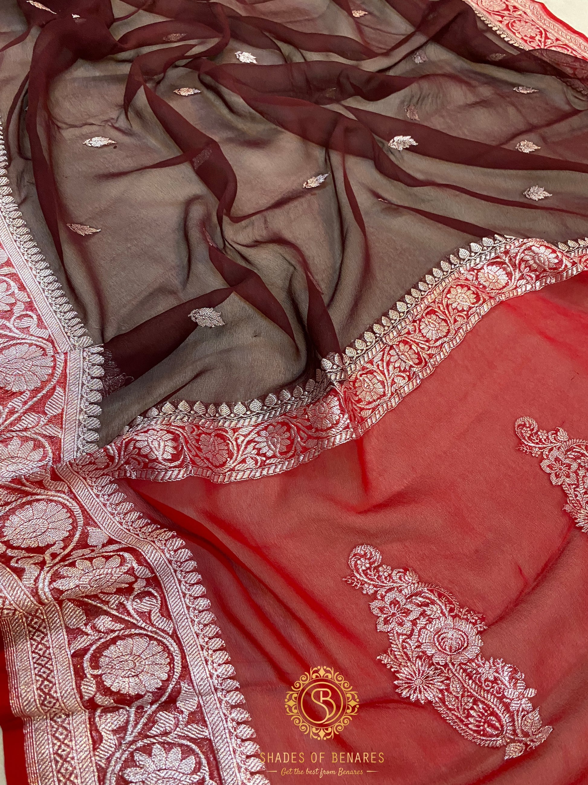 Sophisticated Elegance: Brown and Red Pure Khaddi Chiffon Handloom Banarasi Saree by Shades Of Benares - banarasi - banarasi saree shop