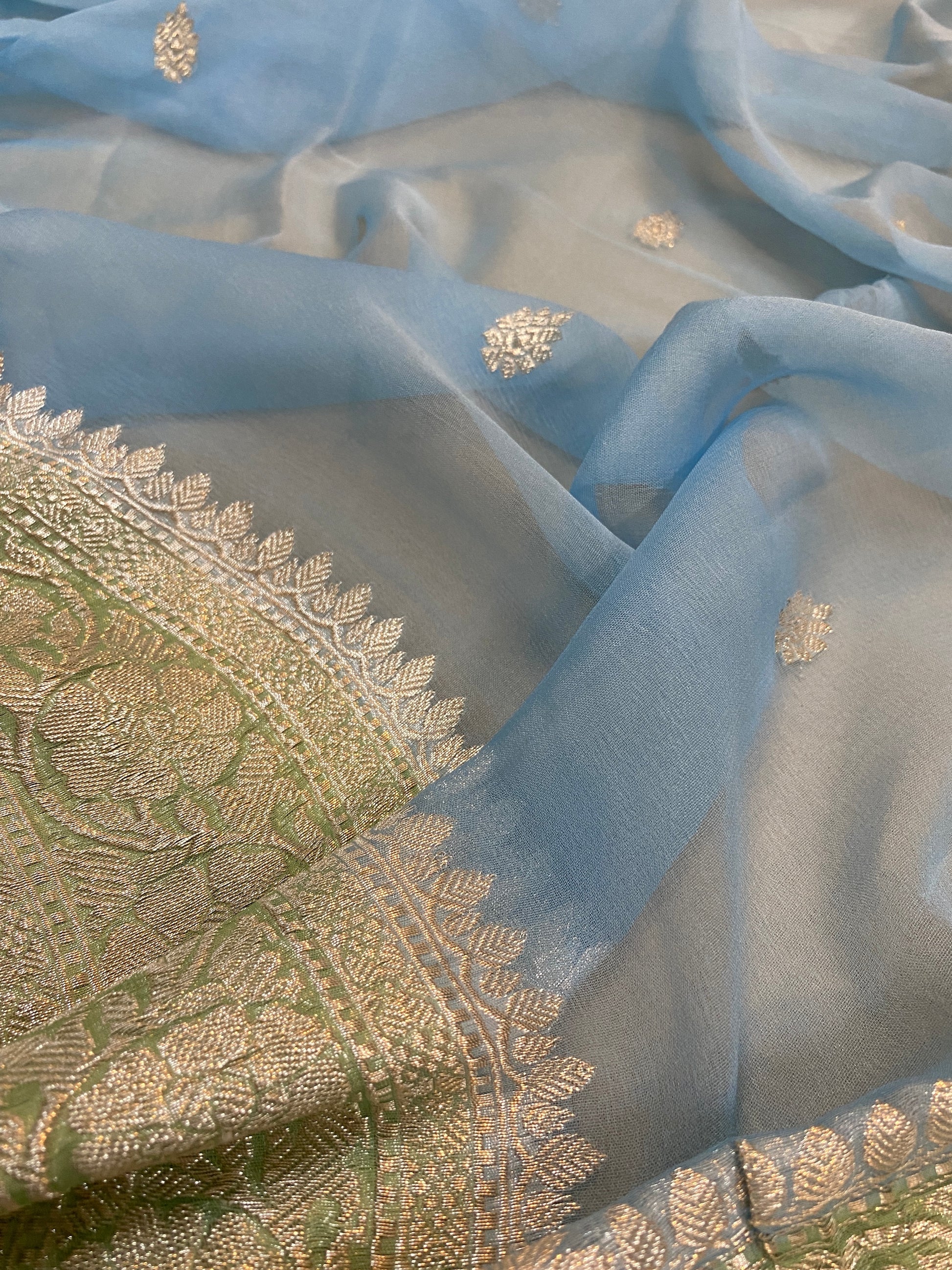 Serene Elegance: Sky Blue and Green Pure Khaddi Chiffon Handloom Banarasi Saree by Shades Of Benares - banarasi - banarasi saree shop