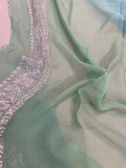 Serene Elegance: Sky Blue and Green Pure Khaddi Chiffon Handloom Banarasi Saree by Shades Of Benares - banarasi - banarasi saree shop