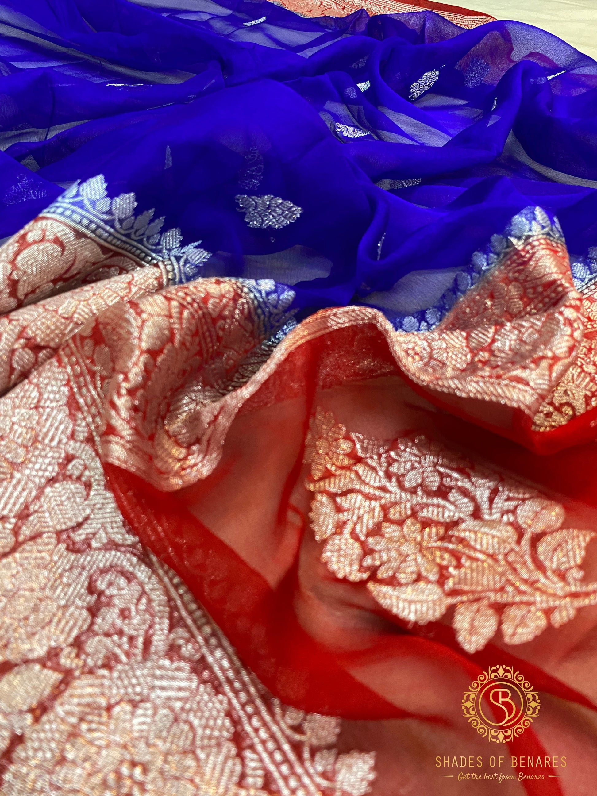 Majestic Beauty: Royal Blue and Red Pure Khaddi Chiffon Handloom Banarasi Saree by Shades Of Benares - banarasi - banarasi saree shop