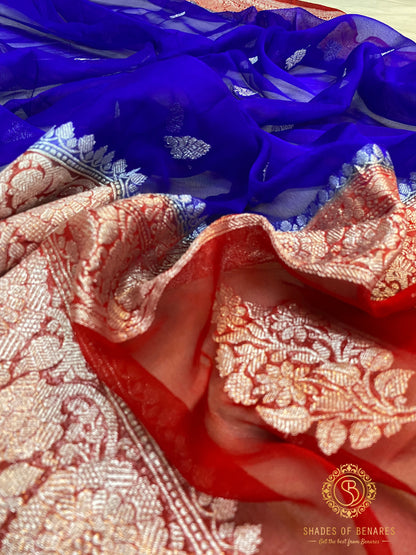 Majestic Beauty: Royal Blue and Red Pure Khaddi Chiffon Handloom Banarasi Saree by Shades Of Benares - banarasi - banarasi saree shop