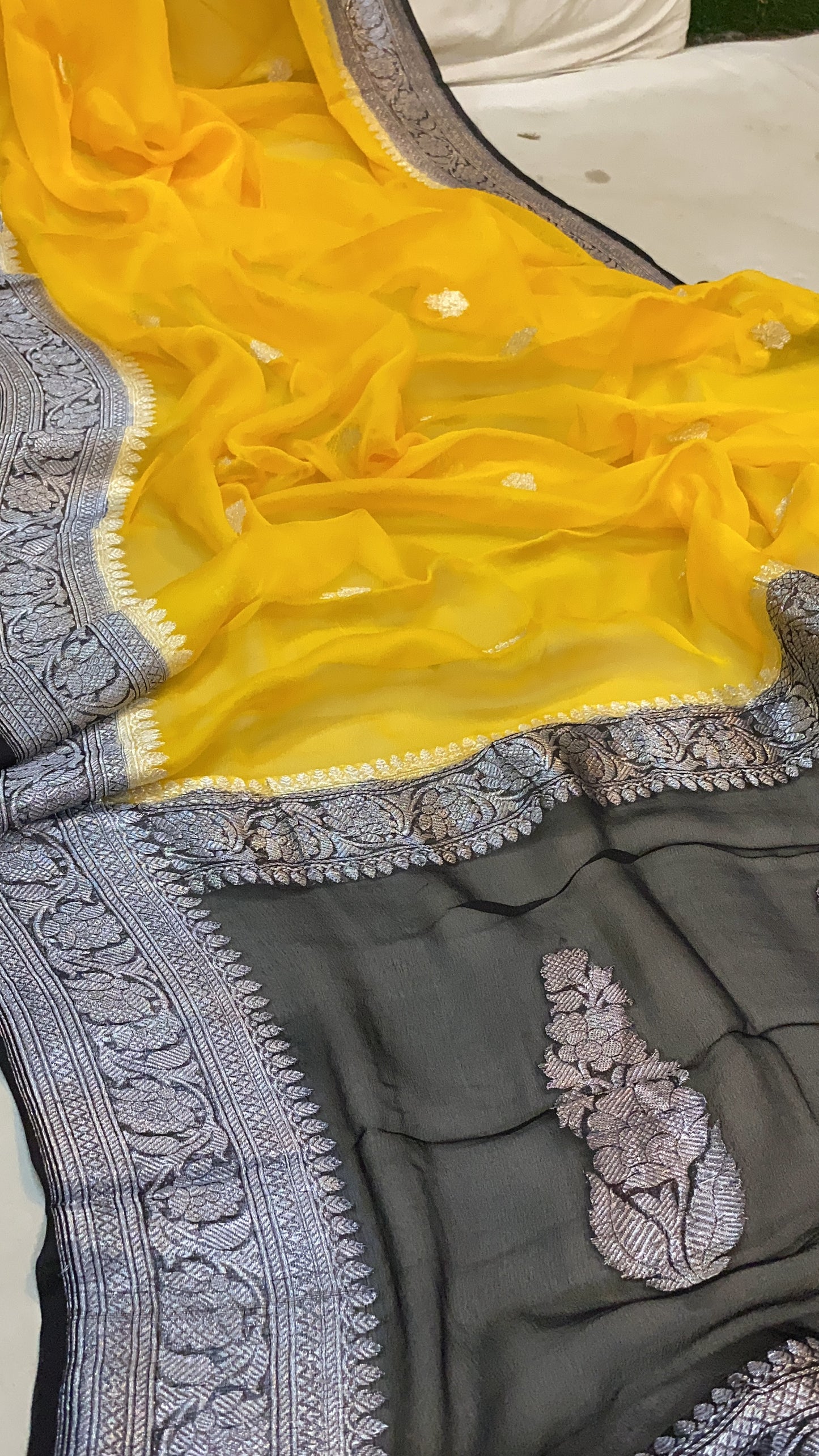 Vibrant Elegance: Bright Yellow and Black Pure Khaddi Chiffon Handloom Banarasi Saree by Shades Of Benares - banarasi - banarasi saree shop