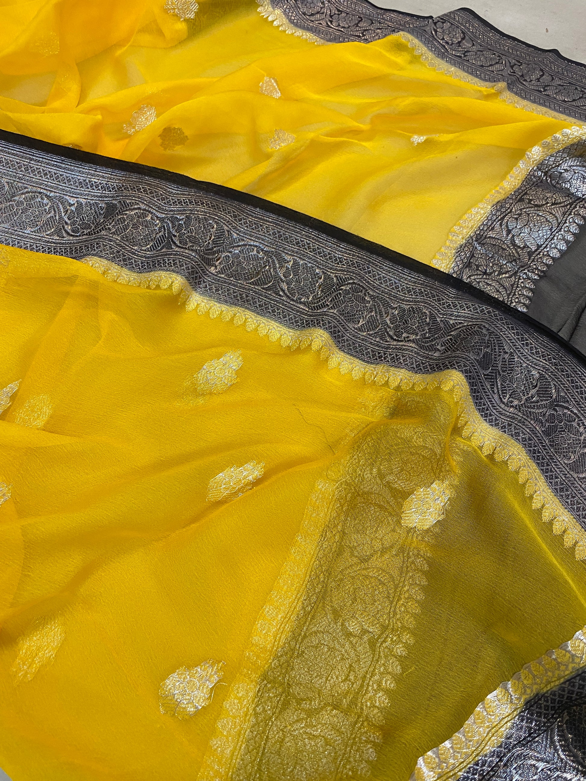 Vibrant Elegance: Bright Yellow and Black Pure Khaddi Chiffon Handloom Banarasi Saree by Shades Of Benares - banarasi - banarasi saree shop