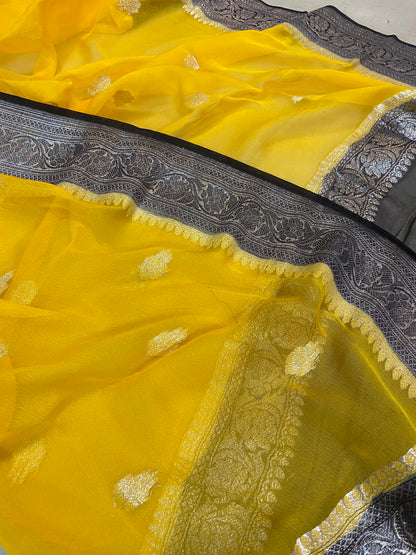 Vibrant Elegance: Bright Yellow and Black Pure Khaddi Chiffon Handloom Banarasi Saree by Shades Of Benares - banarasi - banarasi saree shop