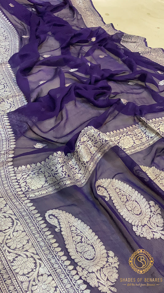 Regal Elegance: Purple Pure Khaddi Chiffon Handloom Banarasi Saree by Shades Of Benares - banarasi - banarasi saree shop