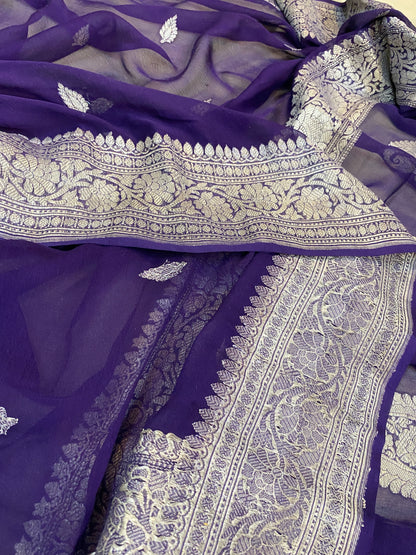 Regal Elegance: Purple Pure Khaddi Chiffon Handloom Banarasi Saree by Shades Of Benares - banarasi - banarasi saree shop