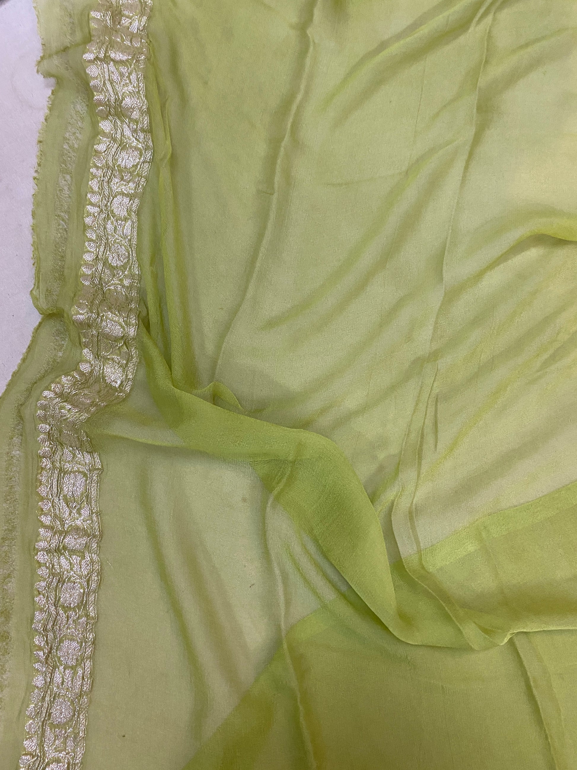 Sublime Sophistication: Pastel Green Pure Khaddi Chiffon Handloom Banarasi Saree by Shades Of Benares - banarasi - banarasi saree shop