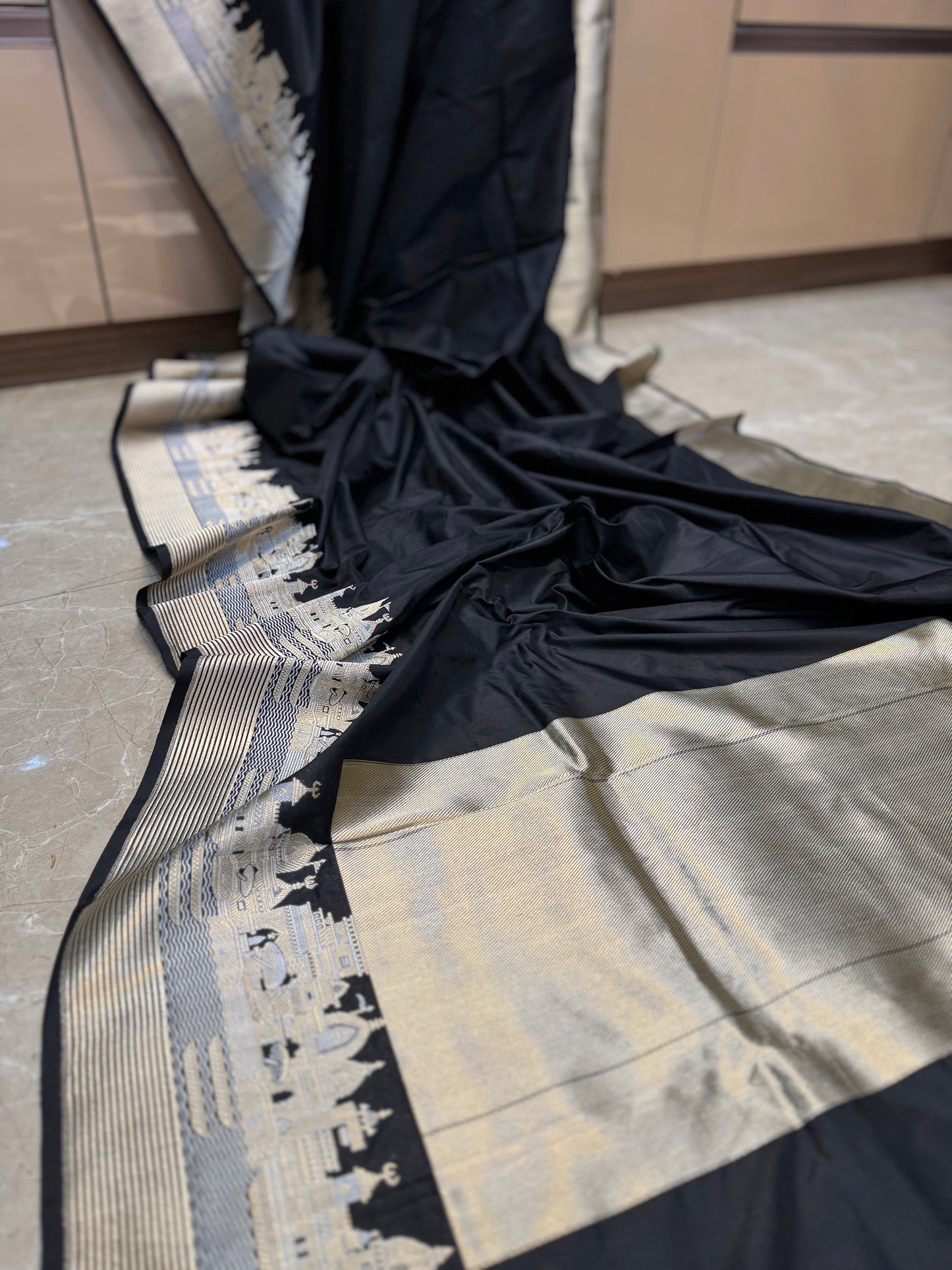 The Black Pure Silk Handloom Banarasi Saree with Kadhwa Banaras Ghats by Shades Of Benares - banarasi - banarasi saree shop - banarasi saree manufacturers - banarasi saree wholesale - banaraasi sarees