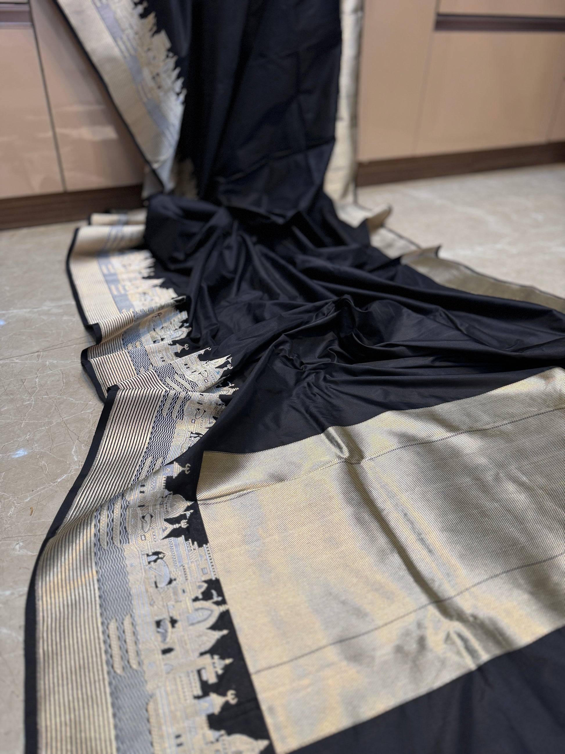 The Black Pure Silk Handloom Banarasi Saree with Kadhwa Banaras Ghats by Shades Of Benares - banarasi - banarasi saree shop - banarasi saree manufacturers - banarasi saree wholesale - banaraasi sarees