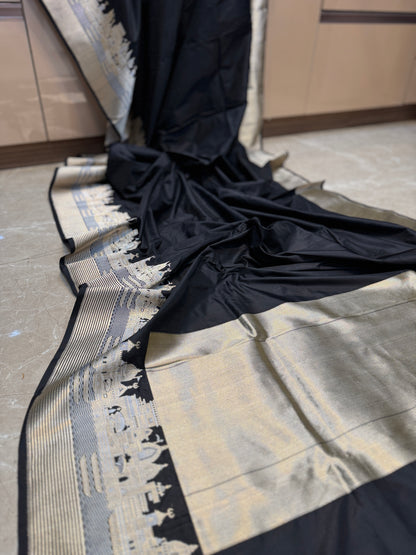 The Black Pure Silk Handloom Banarasi Saree with Kadhwa Banaras Ghats by Shades Of Benares - banarasi - banarasi saree shop - banarasi saree manufacturers - banarasi saree wholesale - banaraasi sarees