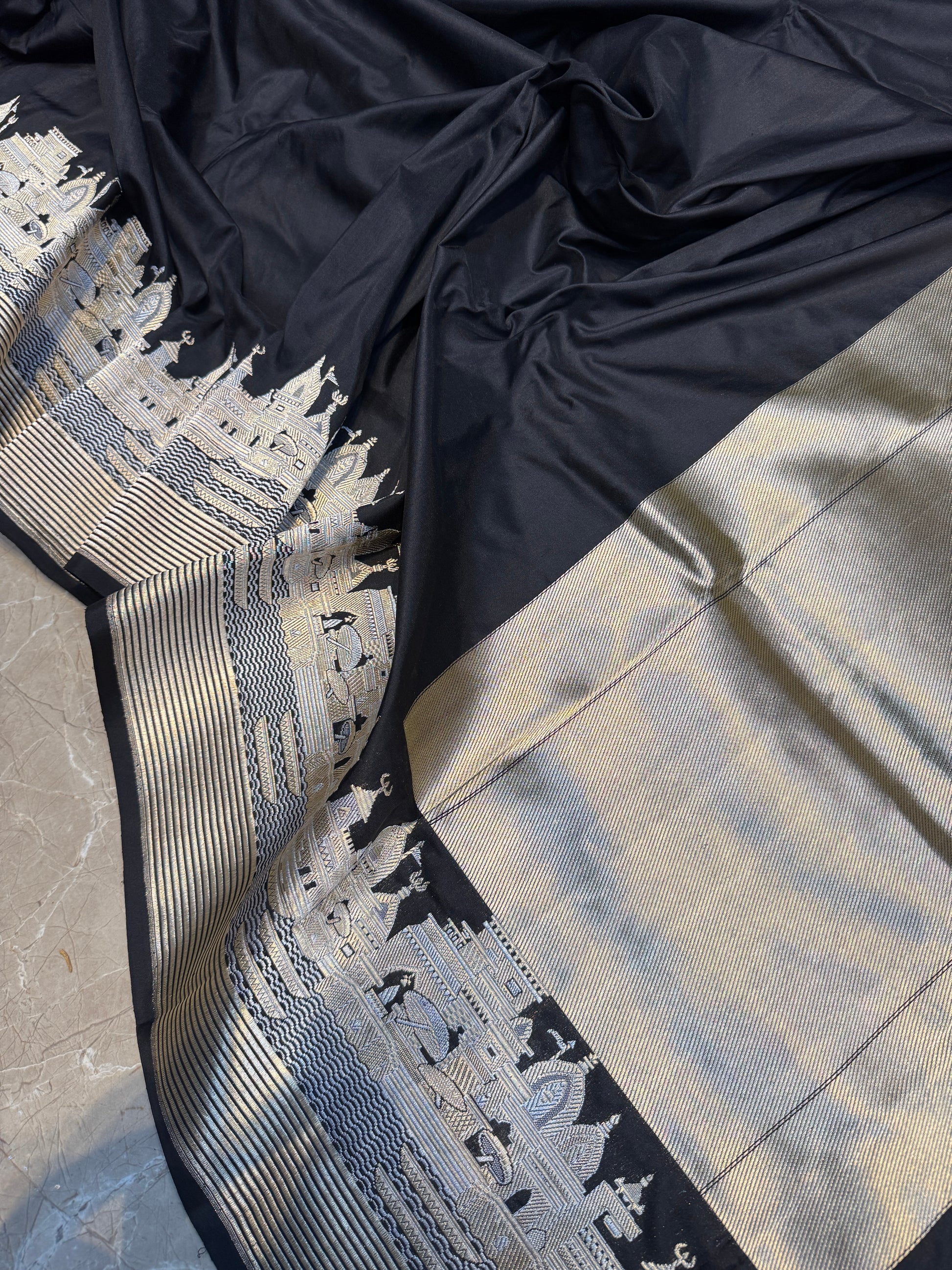 The Black Pure Silk Handloom Banarasi Saree with Kadhwa Banaras Ghats by Shades Of Benares - banarasi - banarasi saree shop - banarasi saree manufacturers - banarasi saree wholesale - banaraasi sarees