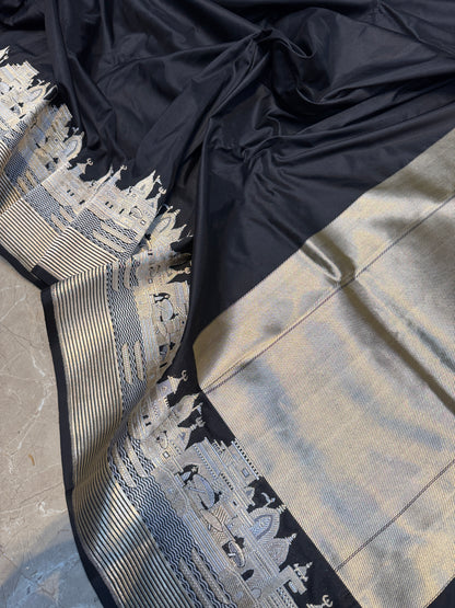 The Black Pure Silk Handloom Banarasi Saree with Kadhwa Banaras Ghats by Shades Of Benares - banarasi - banarasi saree shop - banarasi saree manufacturers - banarasi saree wholesale - banaraasi sarees