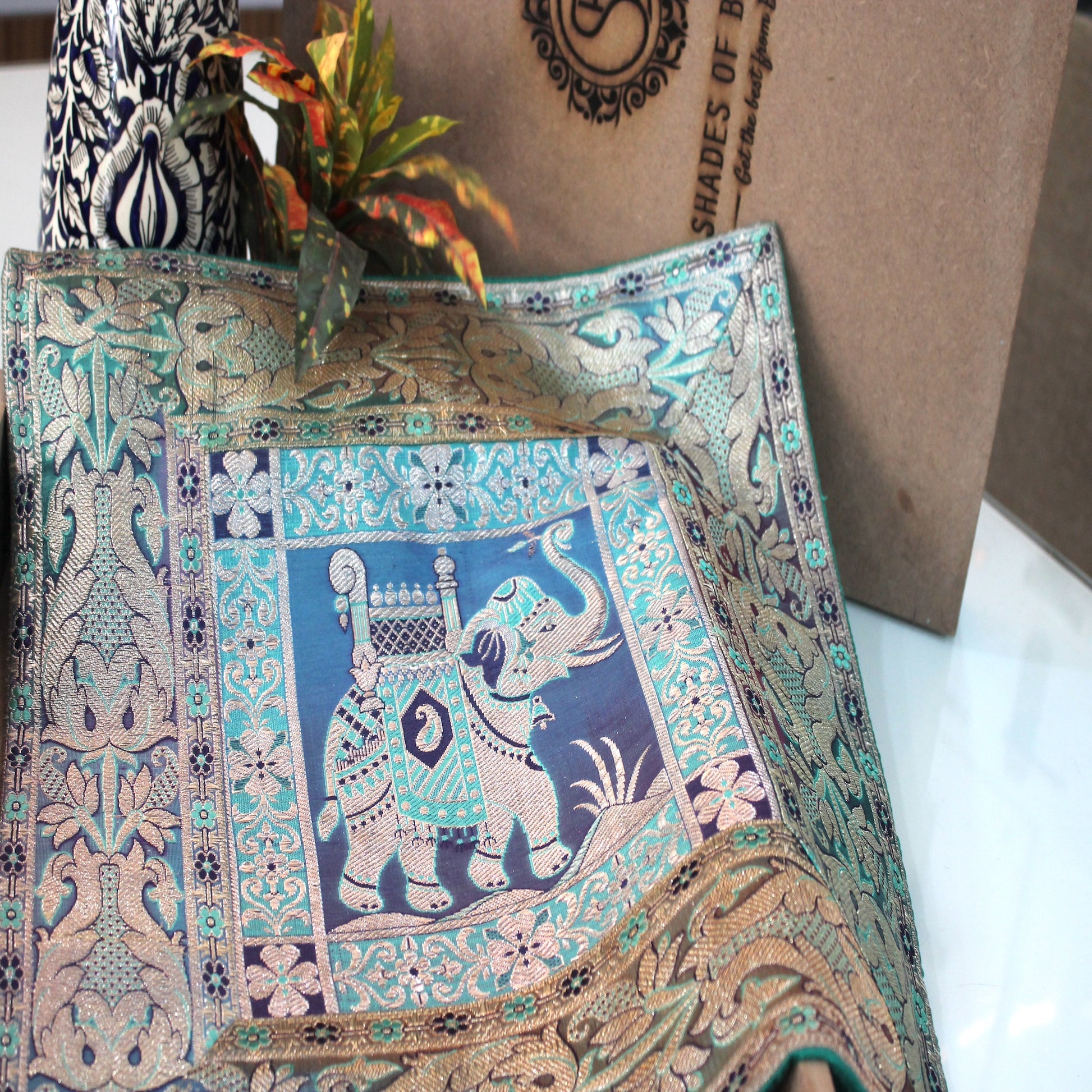 Blue Multicolour Handloom Pure Banarasi Brocade Cushion Cover by Shades Of Benares - banarasi - banarasi saree shop