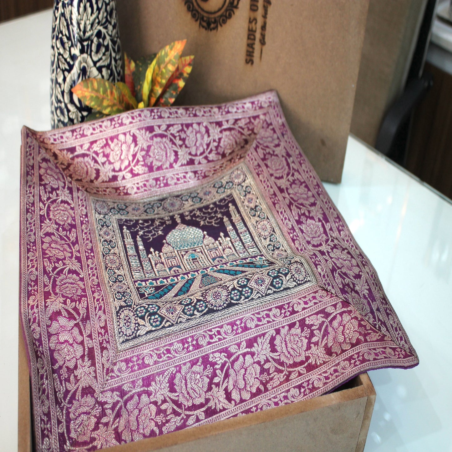 Magenta Multicolour Handloom Pure Banarasi Brocade Cushion Cover by Shades Of Benares - banarasi - banarasi saree shop