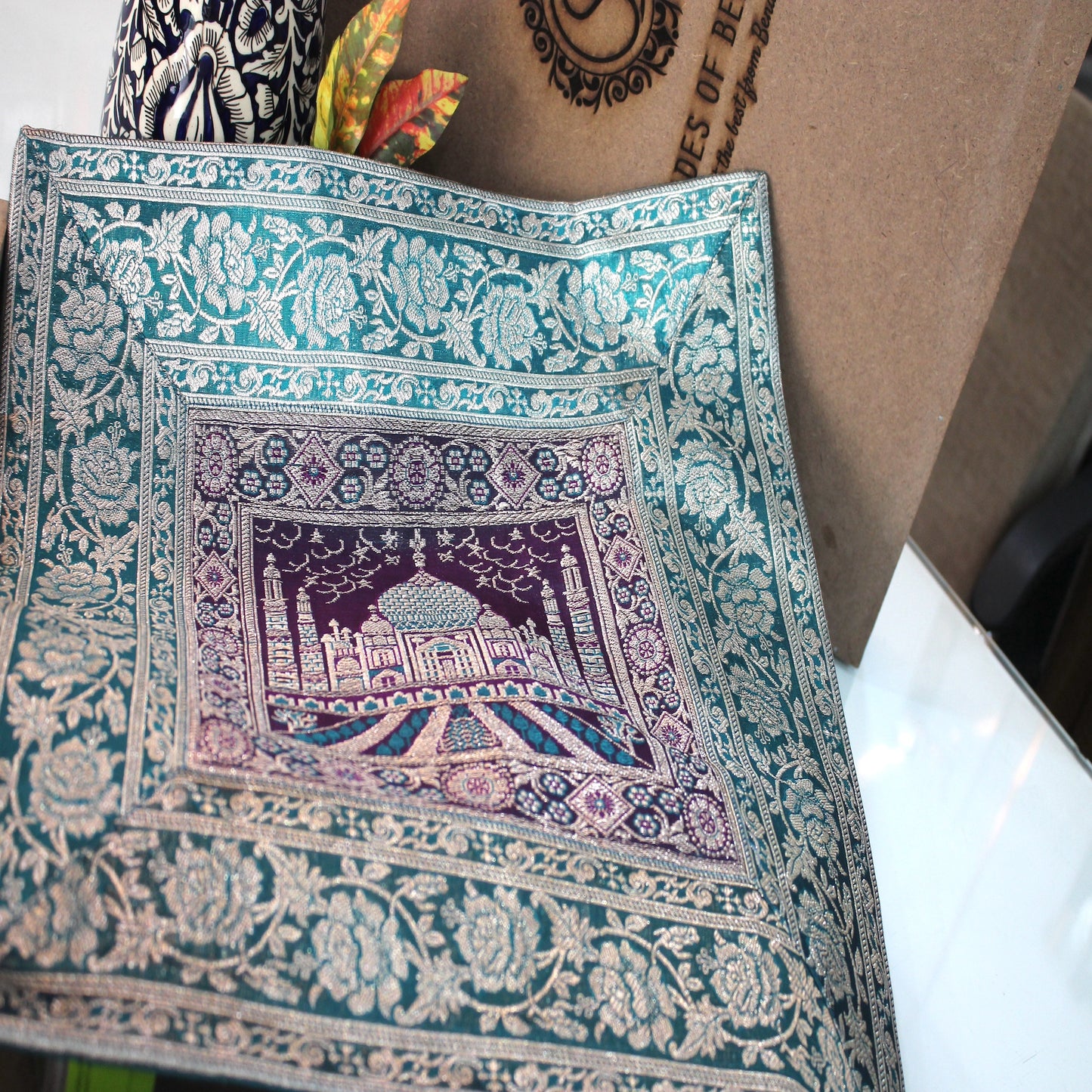 Greenish Blue Multicolour Handloom Pure Banarasi Brocade Cushion Cover by Shades Of Benares - banarasi - banarasi saree shop