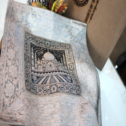 Silver Multicolour Handloom Pure Banarasi Brocade Cushion Cover by Shades Of Benares - banarasi - banarasi saree shop