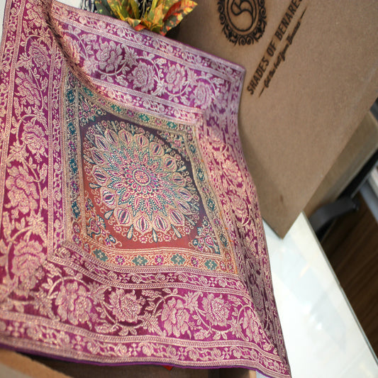 Hot Pink Multicolour Handloom Pure Banarasi Brocade Cushion Cover by Shades Of Benares - banarasi - banarasi saree shop