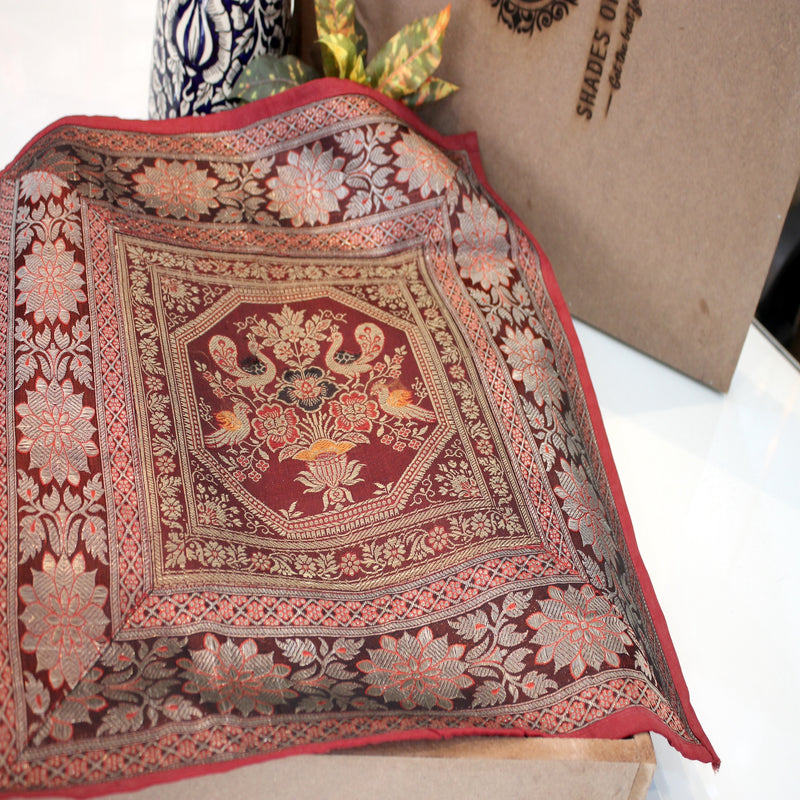 Maroon Handloom Pure Banarasi Silk Brocade Cushion Cover by Shades Of Benares - banarasi - banarasi saree shop