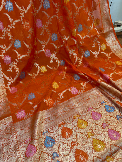 Orange Pure Chiffon Georgette Banarasi Saree with Tilfi Jaal Work by Shades Of Benares - banarasi - banarasi saree shop