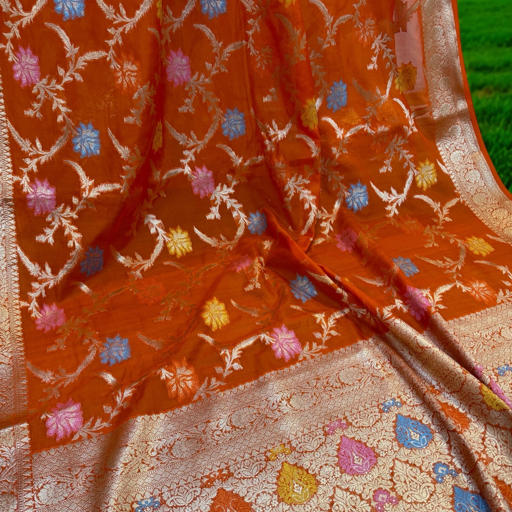 Orange Pure Chiffon Georgette Banarasi Saree with Tilfi Jaal Work by Shades Of Benares - banarasi - banarasi saree shop