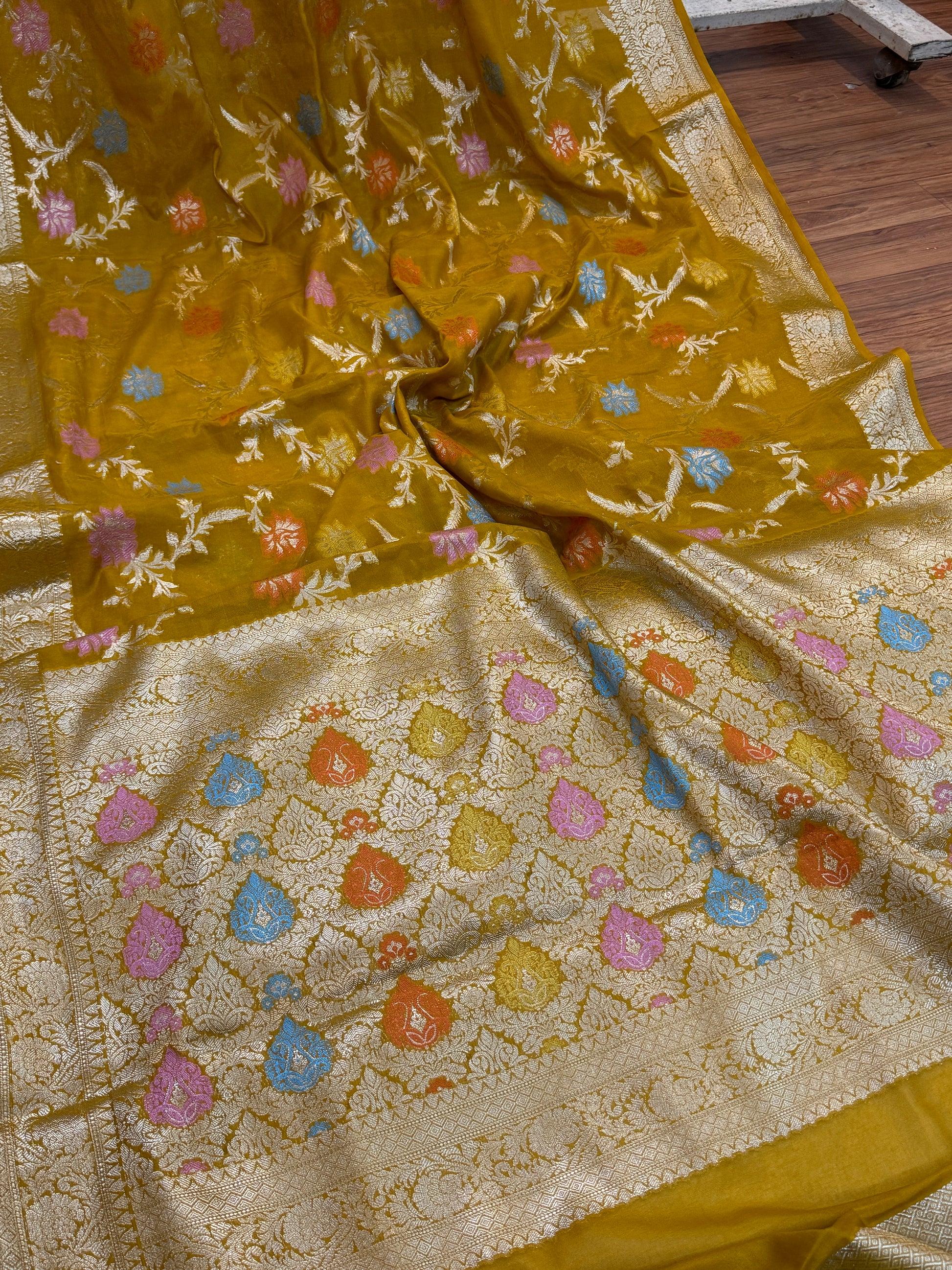 Yellow Pure Chiffon Georgette Banarasi Saree with Tilfi Jaal Work by Shades Of Benares - banarasi - banarasi saree shop