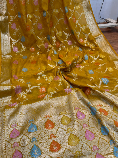 Yellow Pure Chiffon Georgette Banarasi Saree with Tilfi Jaal Work by Shades Of Benares - banarasi - banarasi saree shop