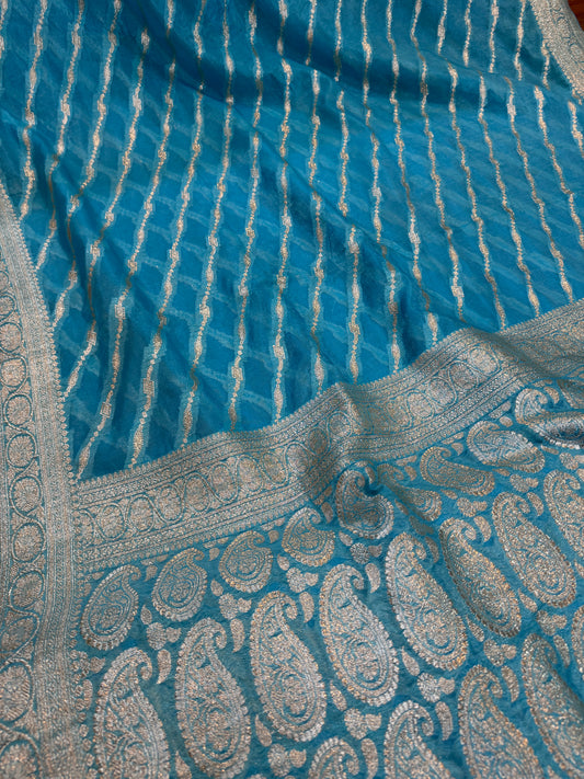 Sky Blue Pure Dupion Silk Banarasi Saree by Shades Of Benares - banarasi - banarasi saree shop