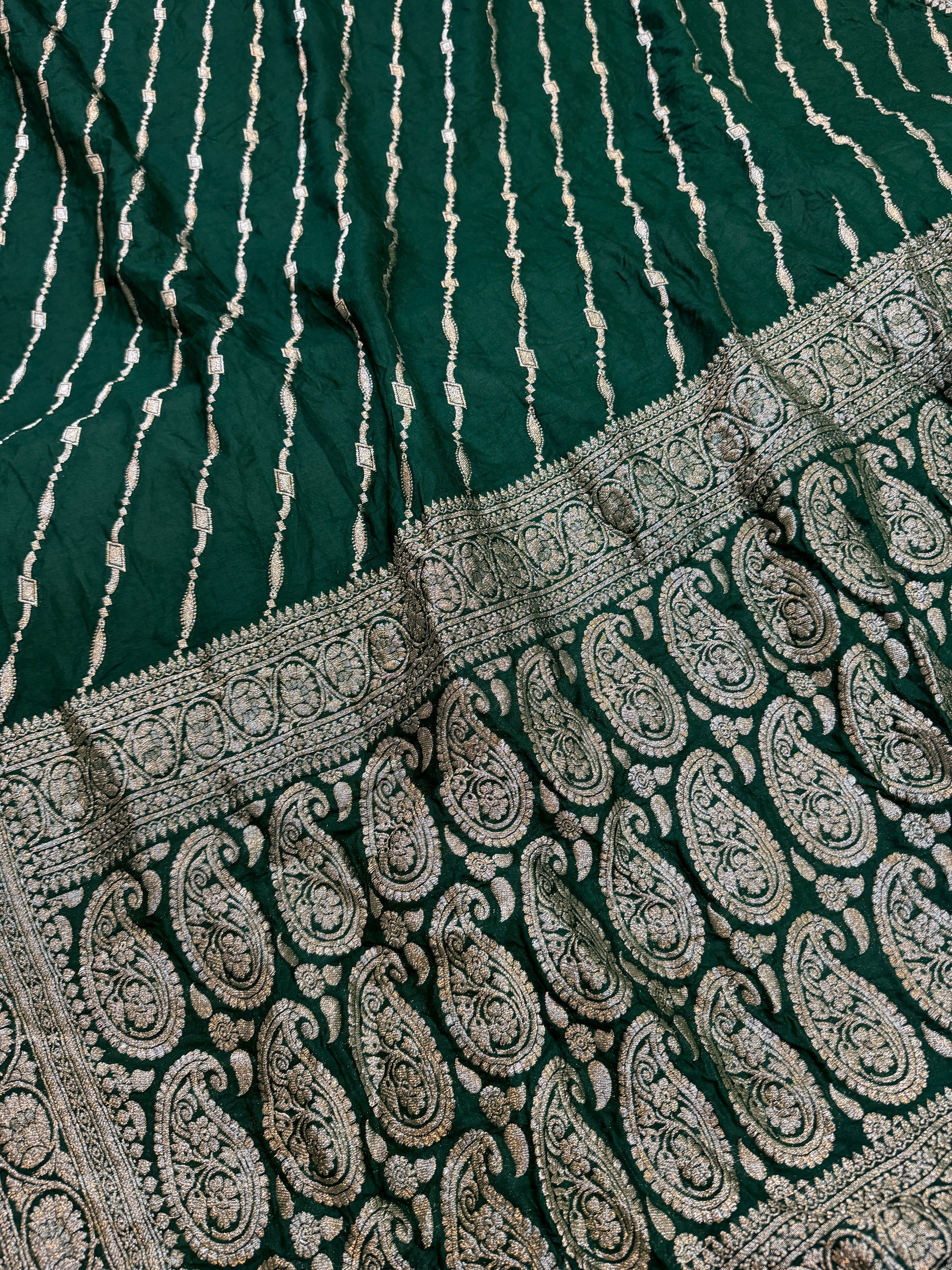 Bottle Green Pure Dupion Silk Banarasi Saree by Shades Of Benares - banarasi - banarasi saree shop