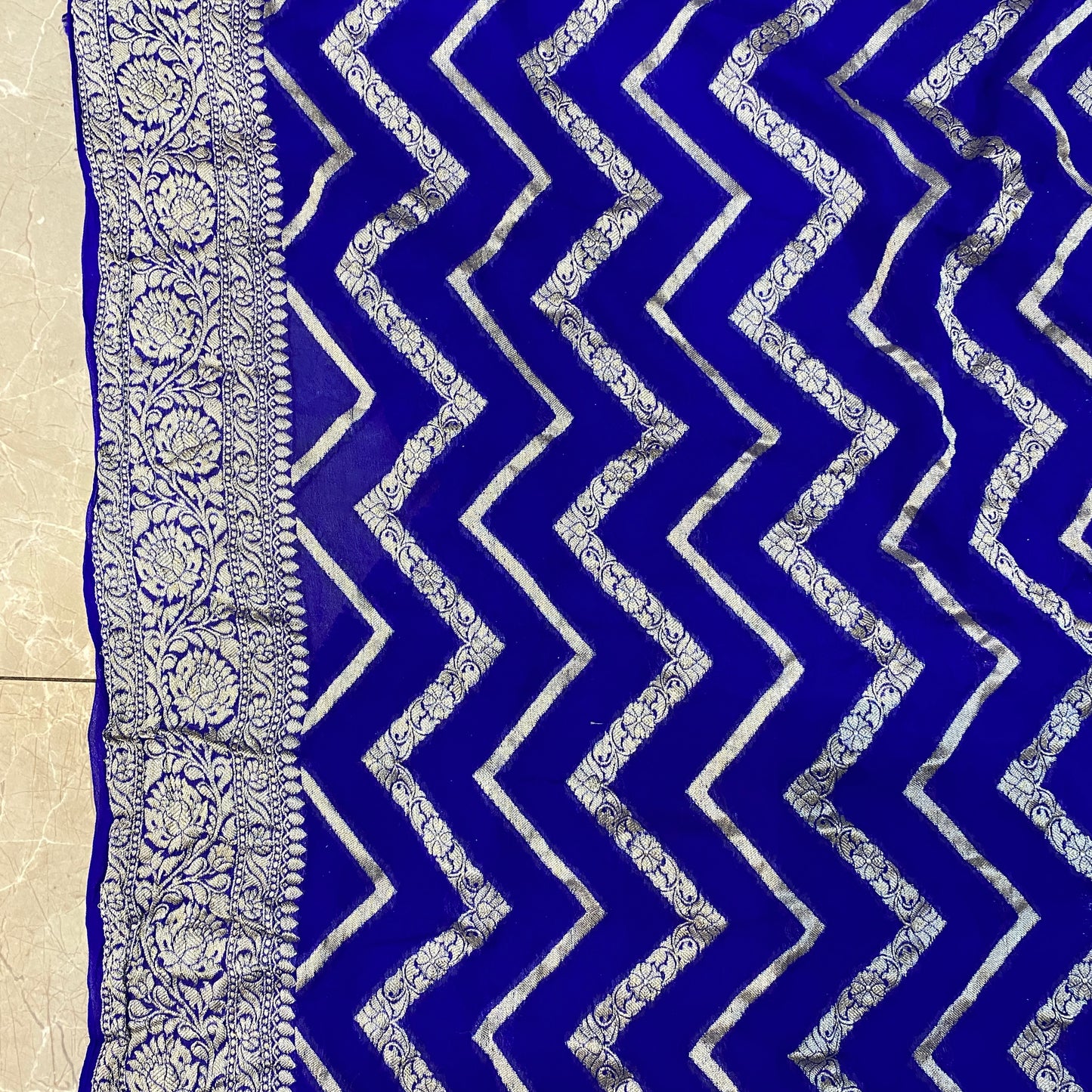 Blue Pure Khaddi Georgette Banarasi Saree with Kadhua Border & Designer Blouse