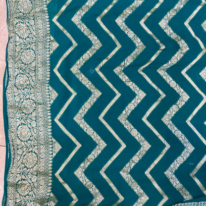 Sea Green Pure Khaddi Georgette Banarasi Saree with Kadhua Border & Designer Blouse