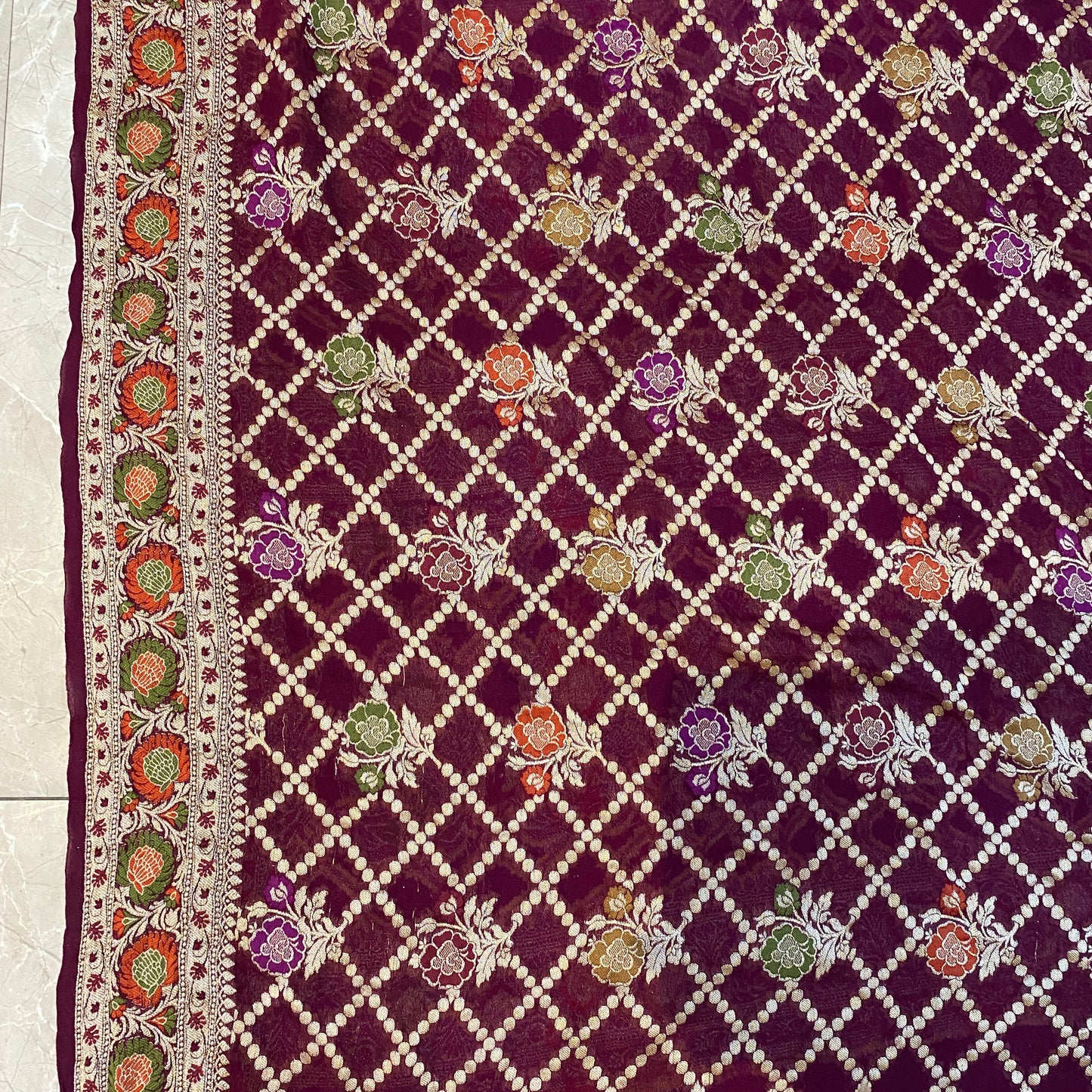 Red Wine Pure Khaddi Georgette Banarasi Saree with Kadhua Minakari Border & Designer Blouse