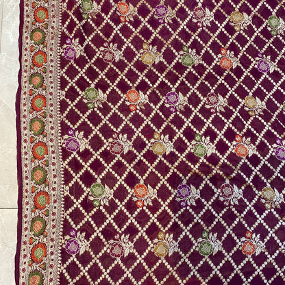 Red Wine Pure Khaddi Georgette Banarasi Saree with Kadhua Minakari Border & Designer Blouse